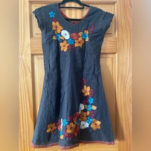 Floral Embroidered Mexican Style Cap Sleeve Gray Mini Dress